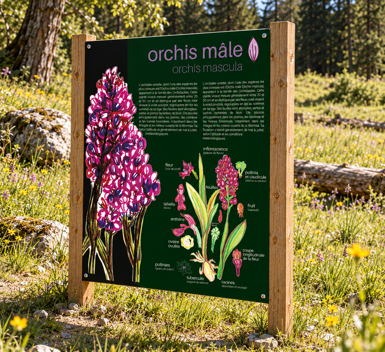 Mise en Situation d'un panneau de signalétique sur l'Orchis Mâle.